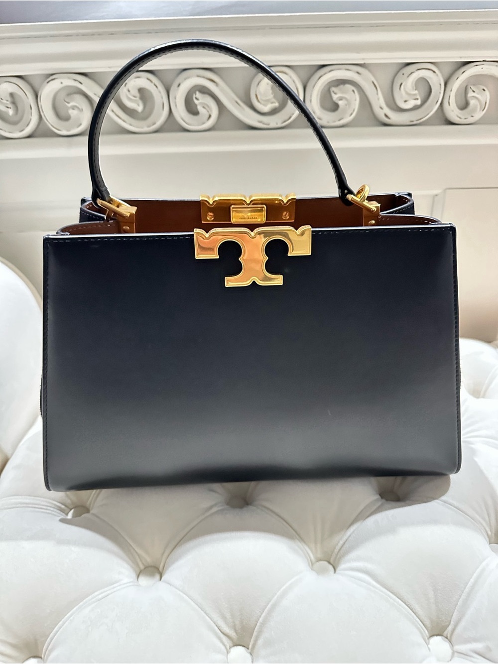 Tory Burch Black Leather Top-Handle Tote with Gold Logo Accent